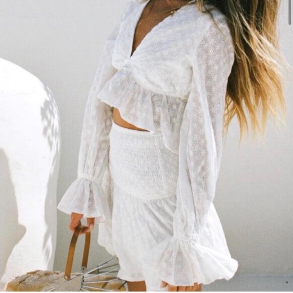 Sabo skirt eyelet peplum crop top & smocked skirt set